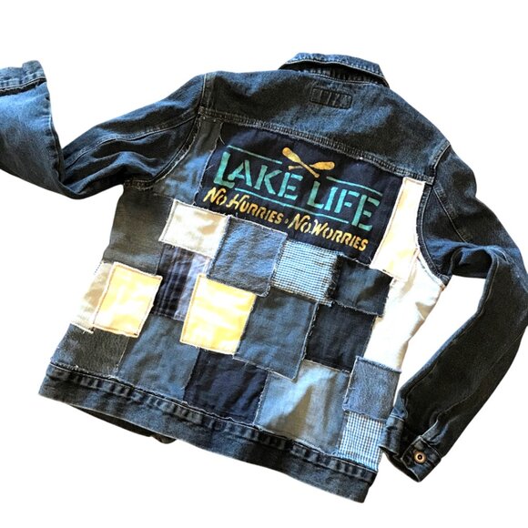 Upcycled Denim Patch Jacket: Lake Life Theme Patchwork Jean Coat, Women’s Large - Picture 9 of 12